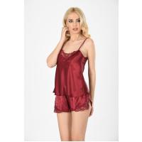 Bordo Saten Babydoll Şortlu Takım - 281