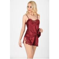 Bordo Saten Babydoll Şortlu Takım - 281