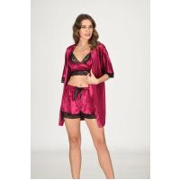 Fuşya Kadife Dantelli Sabahlık & Gecelik Takım 3' Lü - 1437