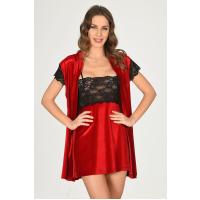 Kırmızı Kadife Sabahlık & Gecelik Takım 2' Li - 1428