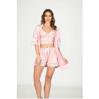 Pudra Kadife Dantelli Sabahlık & Gecelik Takım 3' Lü - 1438